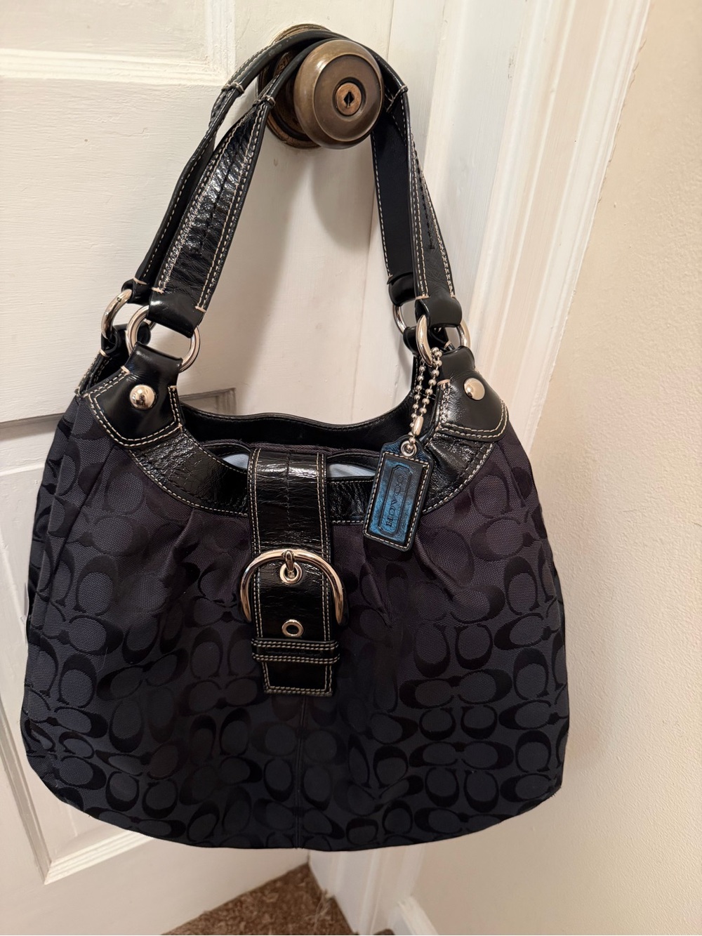 Coach Black Signature Canvas Hobo Bag Patent Leather Trim Silver Hardwar